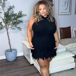 Black Sleeveless Knit Dress with Fringe Hem